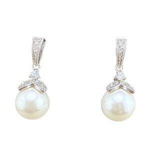 Elegant Faux Pearl Rhinestone Drop Earrings Silver Tone Dangle